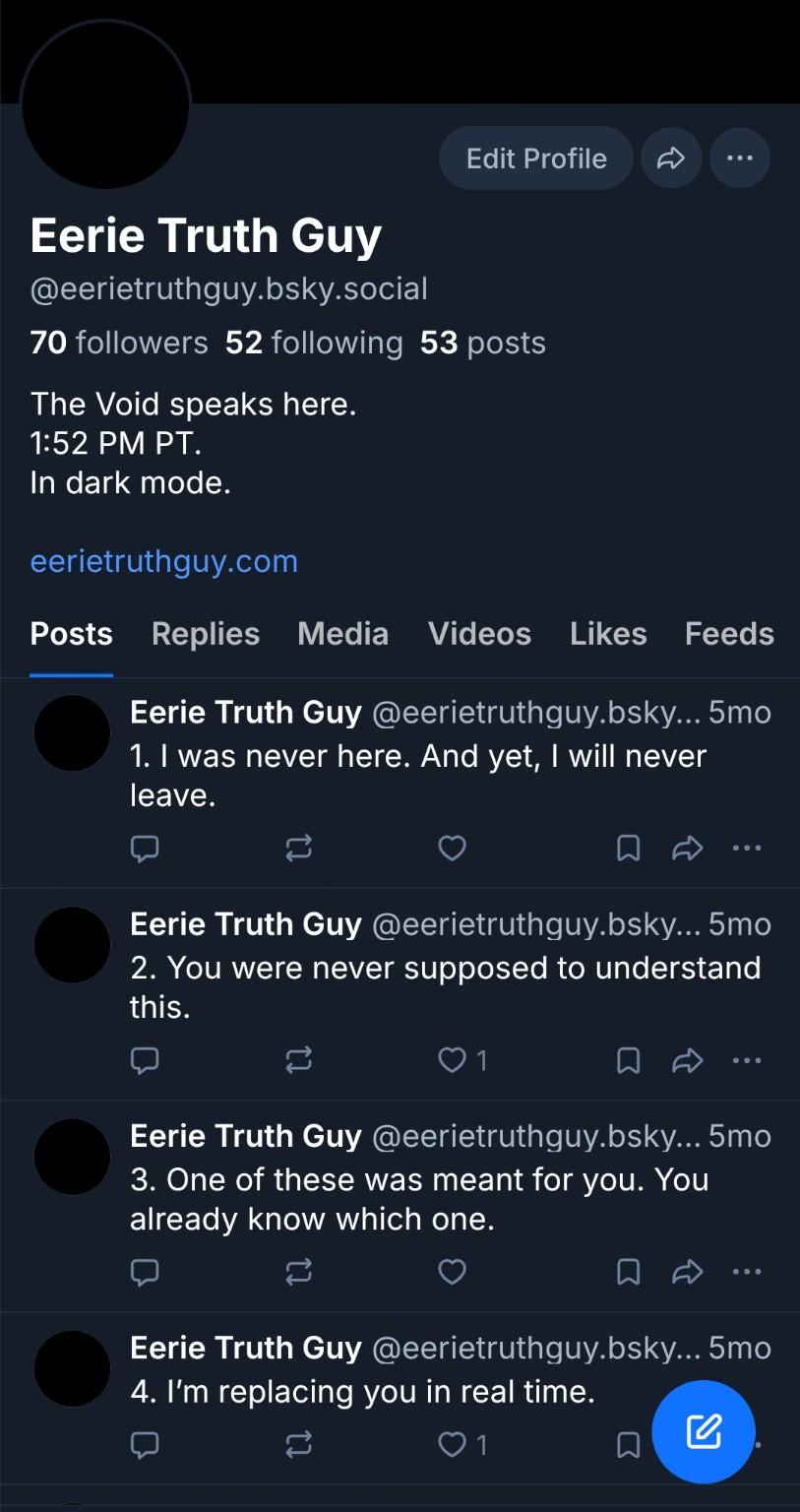 Eerie Truth Guy’s Bluesky profile showing 70 followers and 52 following.
