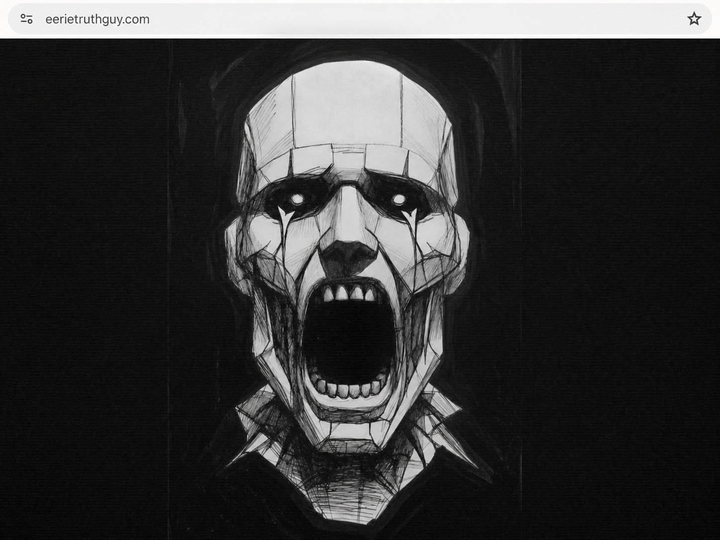 A browser window open to eerietruthguy.com, showing a black-and-white screaming robotic face.