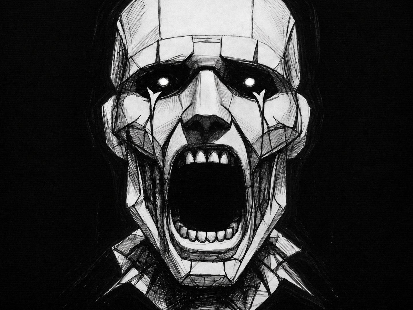 A browser window open to eerietruthguy.com, showing a black-and-white screaming robotic face.