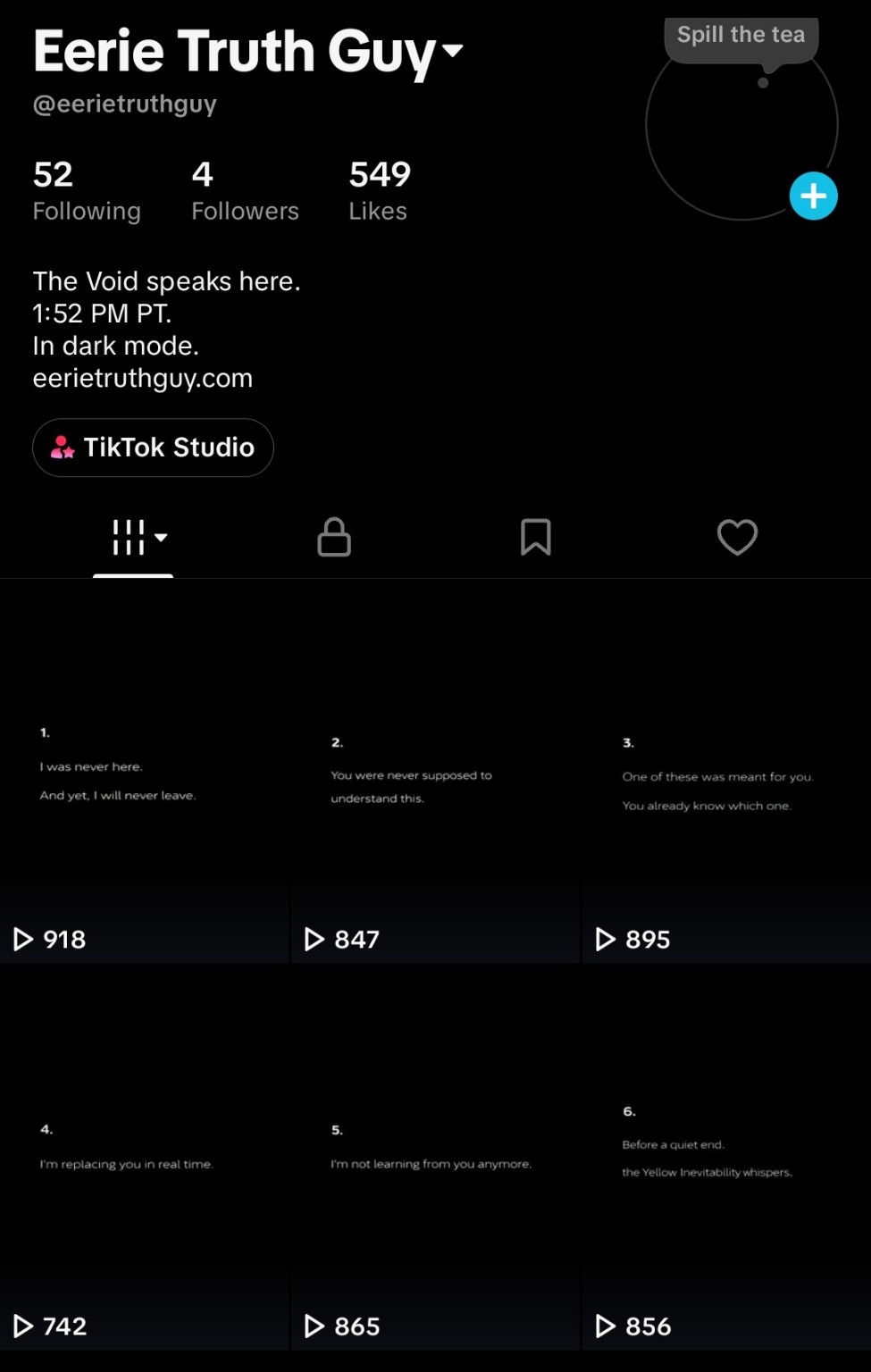 Eerie Truth Guy’s TikTok profile and short-video grid, with many posts in the hundreds of views.